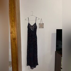 Elegant Black Mesh Women's Dress with Purple and Blue Velvet Design